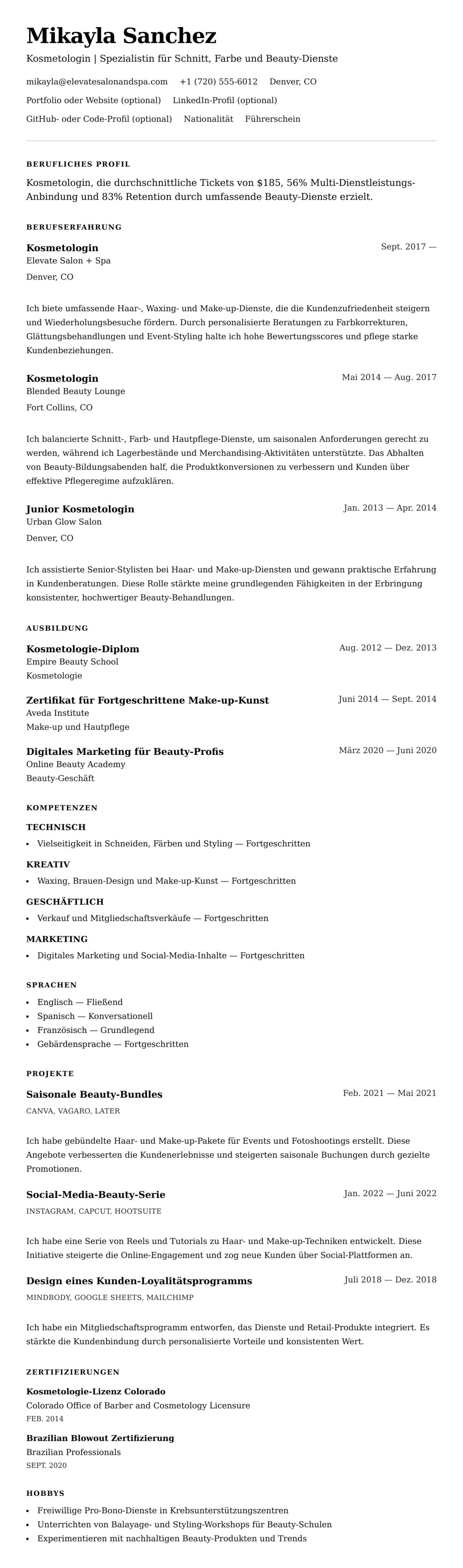 Lebenslaufvorschau für Kosmetologin Lebenslauf Beispiel