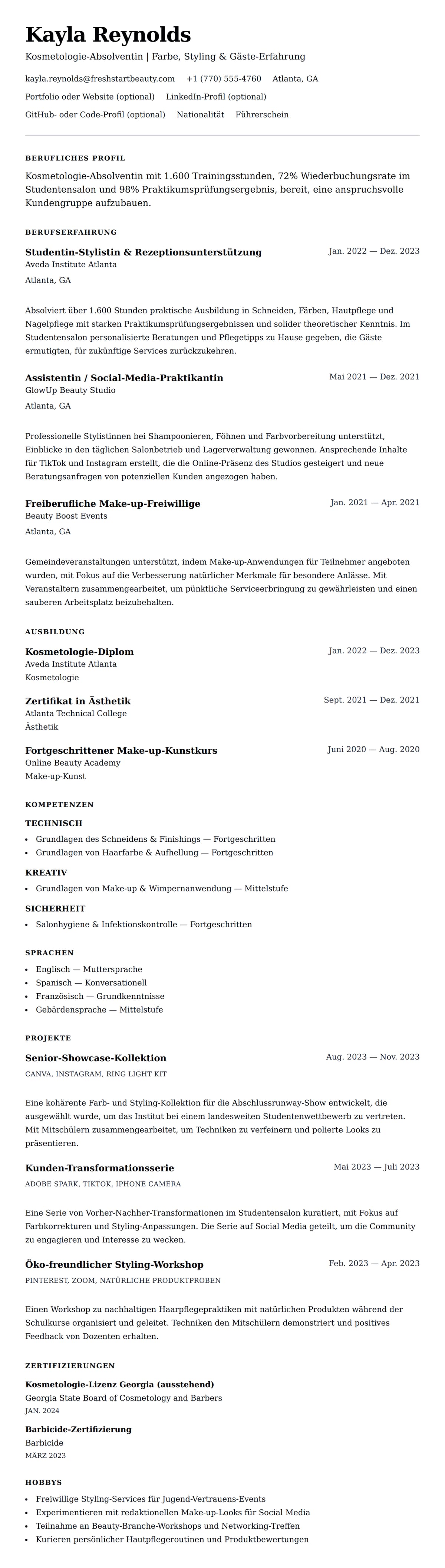Lebenslaufvorschau für Beispiel-Lebenslauf für Kosmetologie-Absolventin