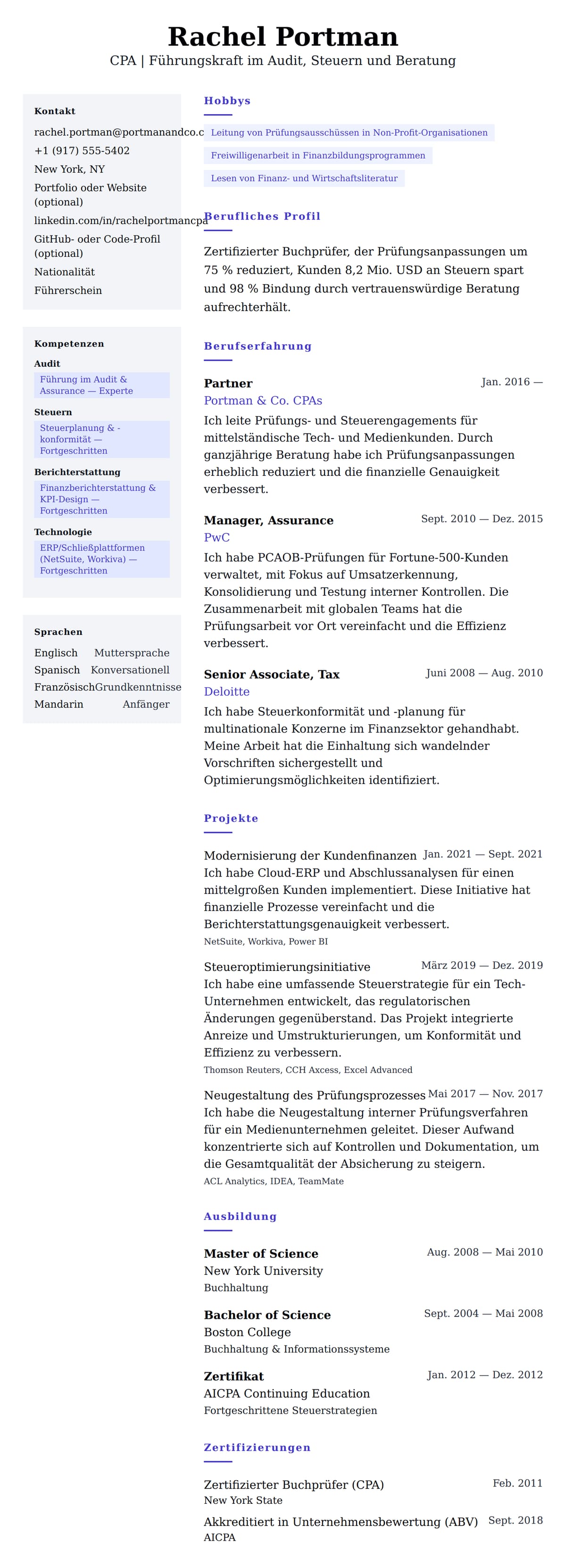 Lebenslaufvorschau für Lebenslauf-Beispiel für einen zertifizierten Buchprüfer