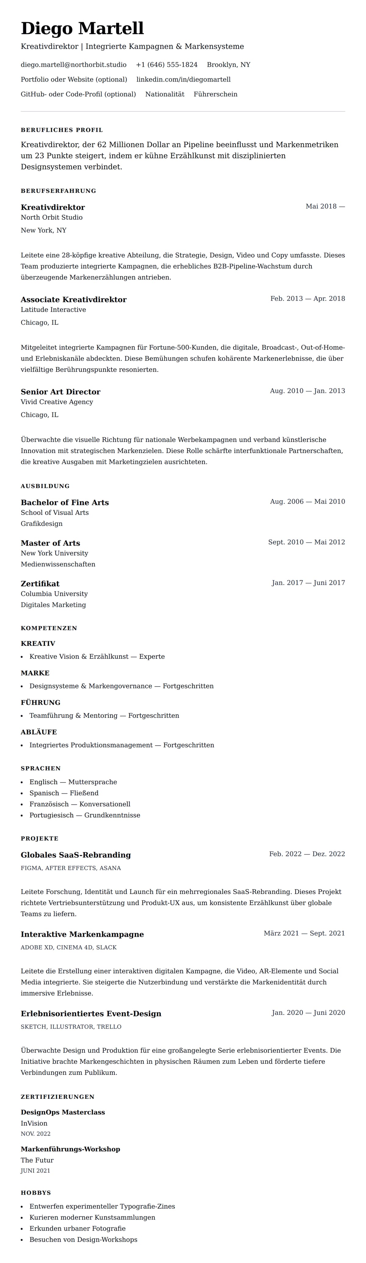 Lebenslaufvorschau für Kreativdirektor Lebenslauf-Beispiel