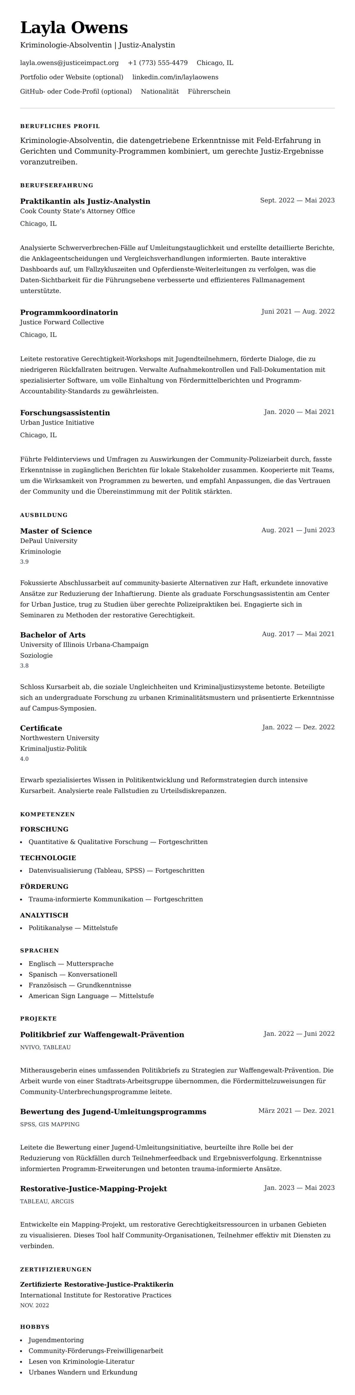 Lebenslaufvorschau für Lebenslauf-Beispiel für Kriminologie-Absolventen