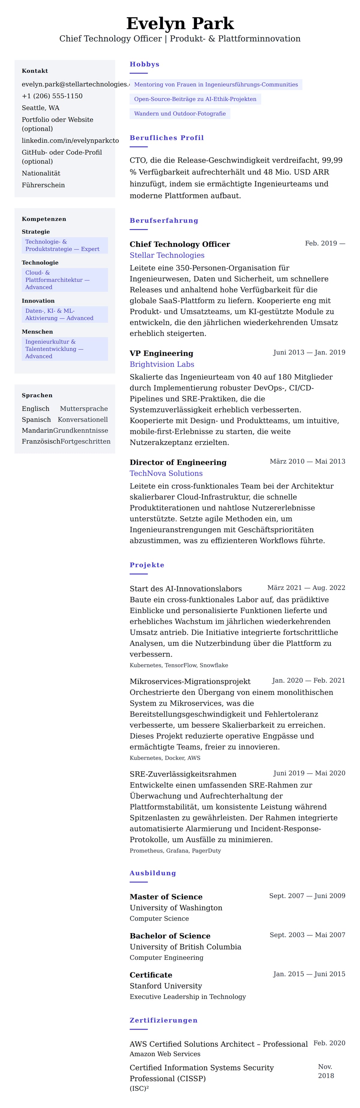 Lebenslaufvorschau für Lebenslaufbeispiel für Chief Technology Officer