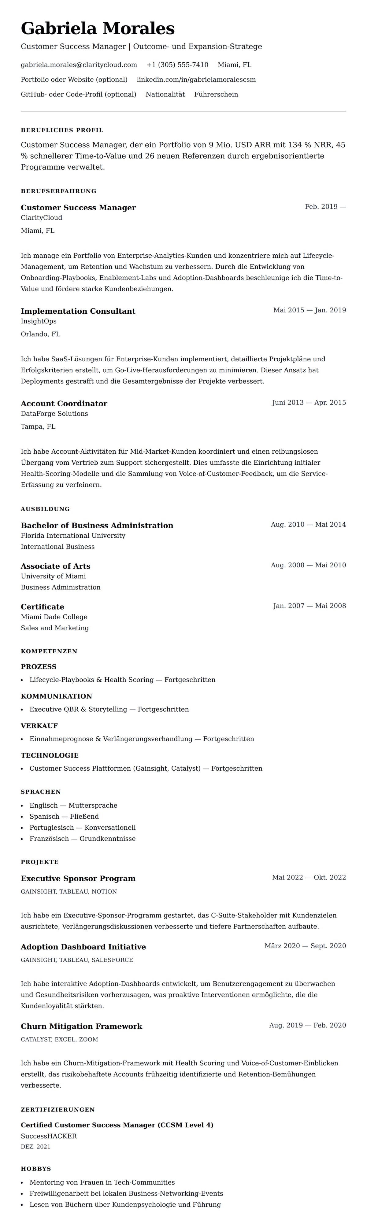 Lebenslaufvorschau für Lebenslaufbeispiel für Customer Success Manager