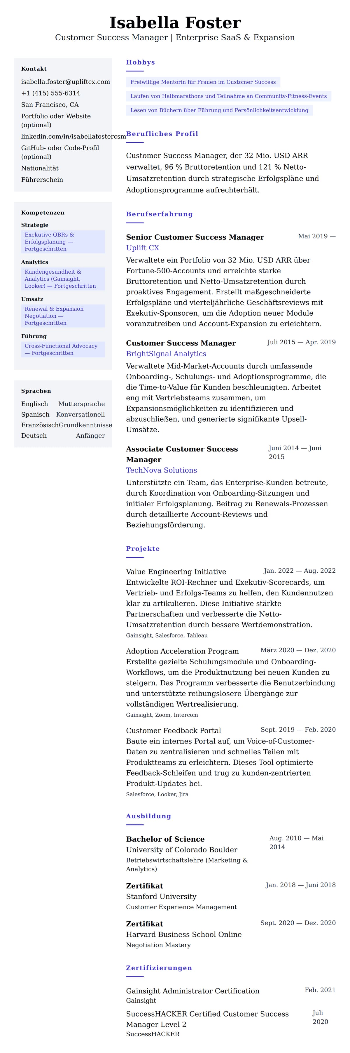 Lebenslaufvorschau für Lebenslaufbeispiel für Customer Success Manager