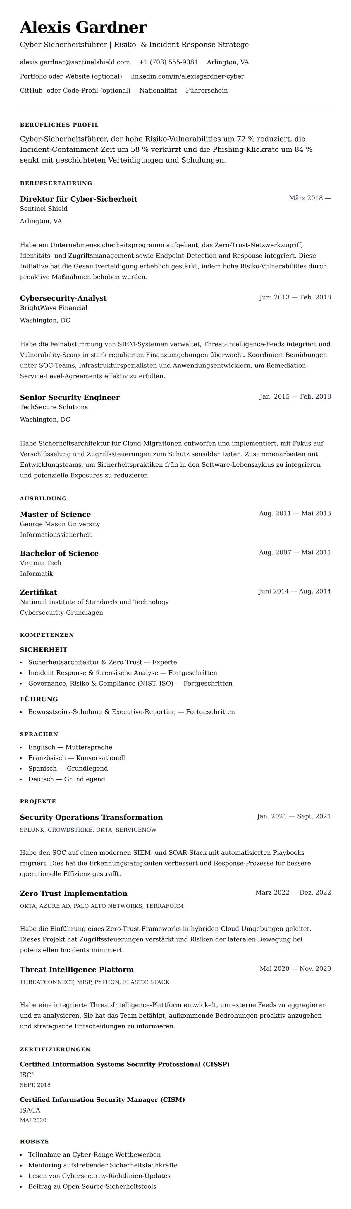 Lebenslaufvorschau für Cyber-Sicherheitsfachkraft Lebenslauf-Beispiel