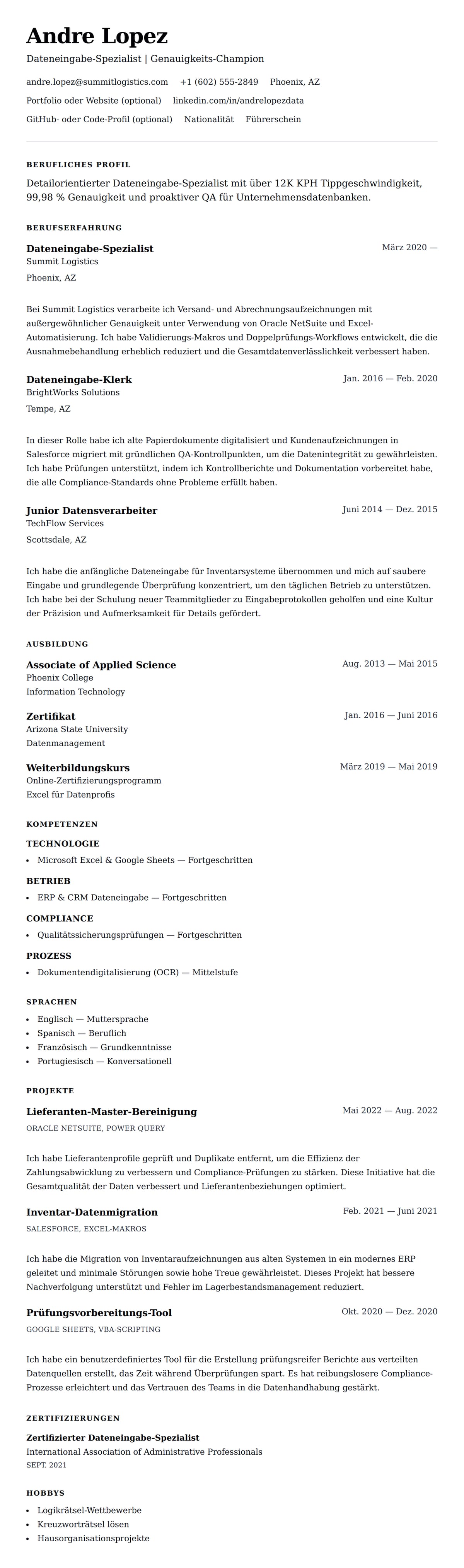 Lebenslaufvorschau für Dateneingabe-Spezialist Lebenslauf-Beispiel
