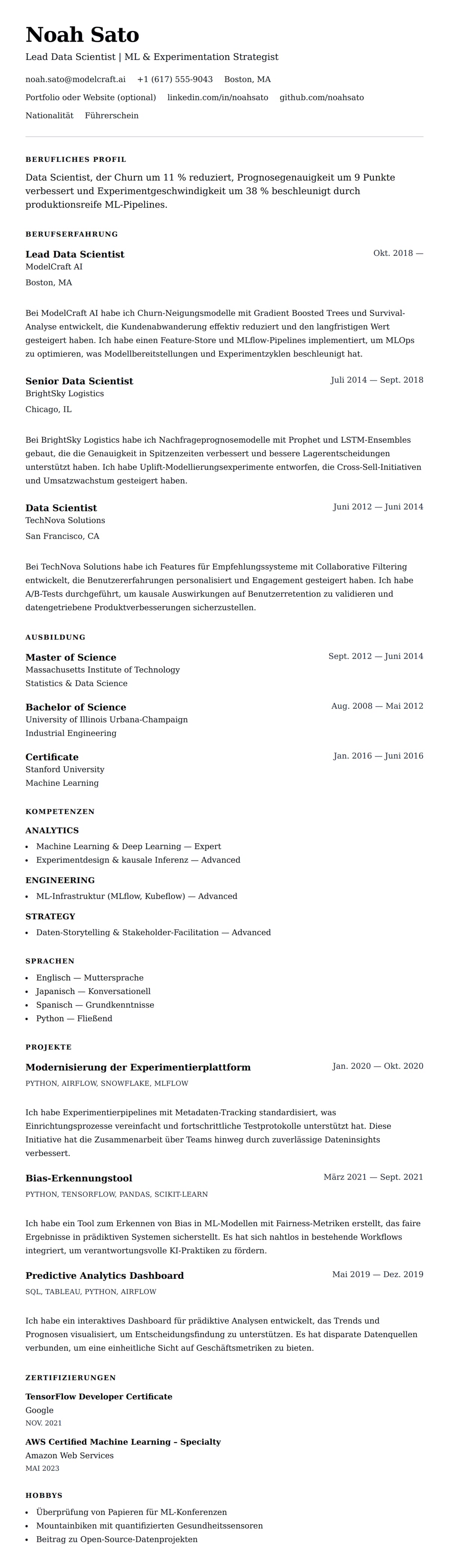 Lebenslaufvorschau für Data Scientist Lebenslaufbeispiel