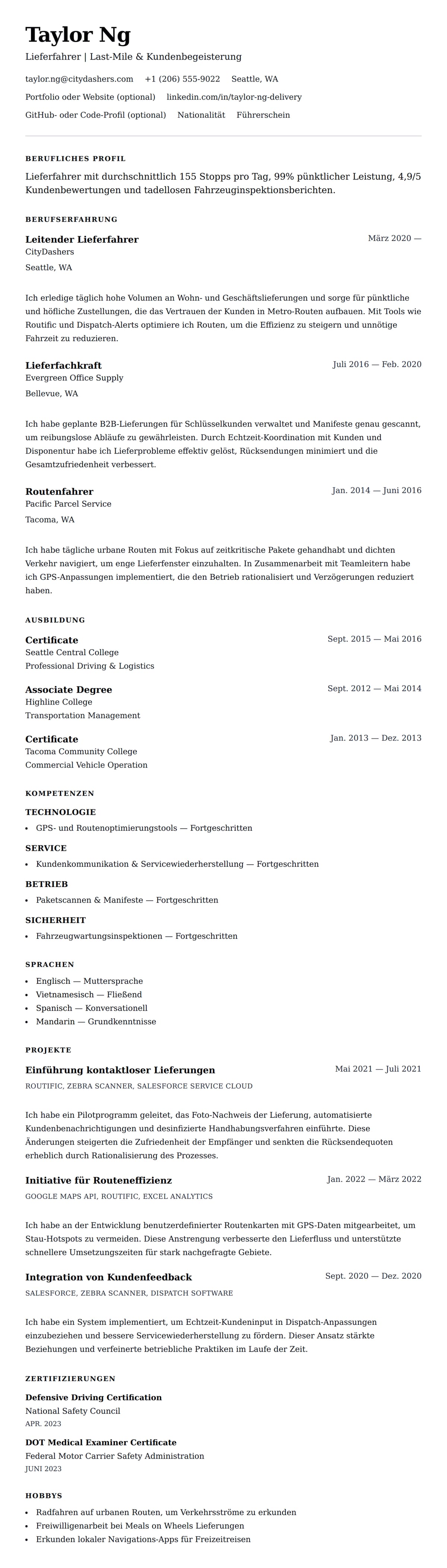 Lebenslaufvorschau für Lebenslaufbeispiel für Lieferfahrer