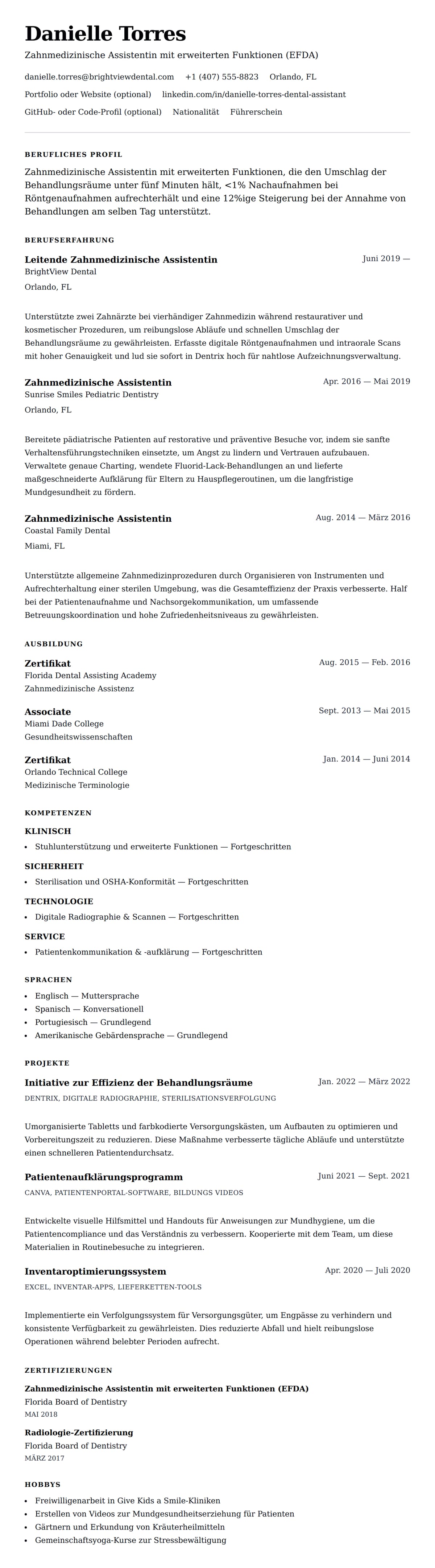 Lebenslaufvorschau für Beispiel-Lebenslauf Zahnmedizinische Assistentin