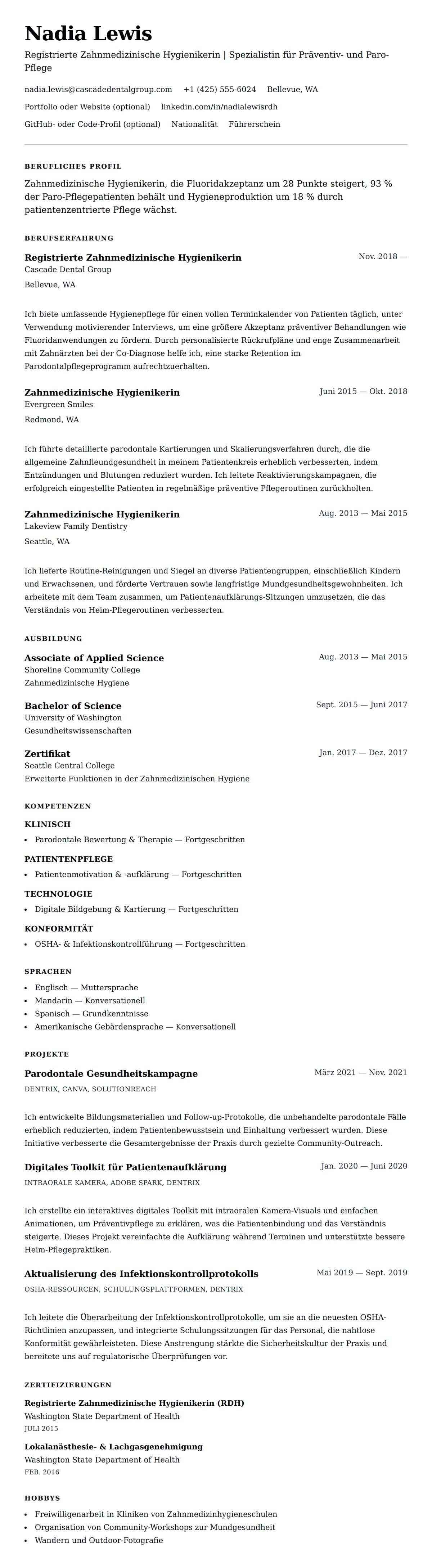 Lebenslaufvorschau für Beispiel-Lebenslauf für Zahnmedizinische Hygienikerin