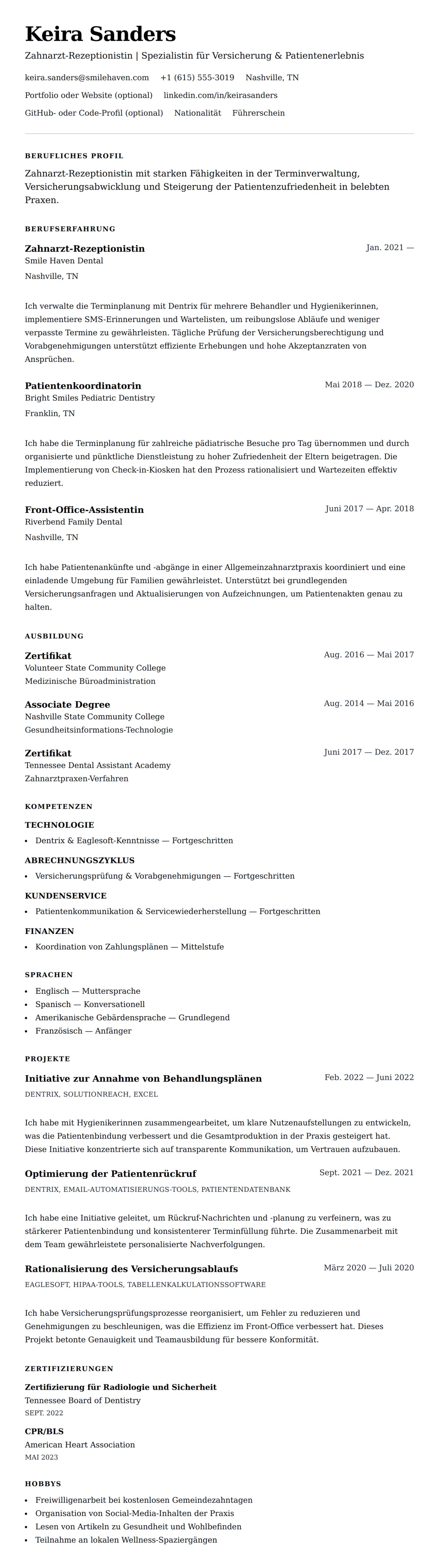 Lebenslaufvorschau für Beispiel-Lebenslauf Zahnarzt-Rezeptionistin