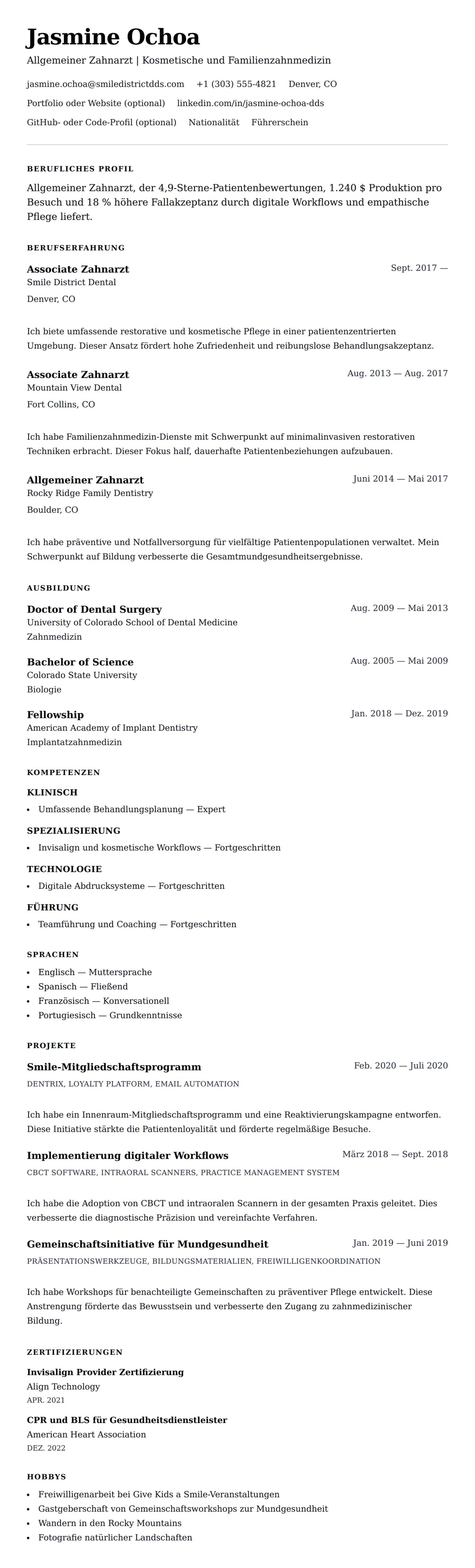 Lebenslaufvorschau für Zahnarzt-Lebenslauf-Beispiel