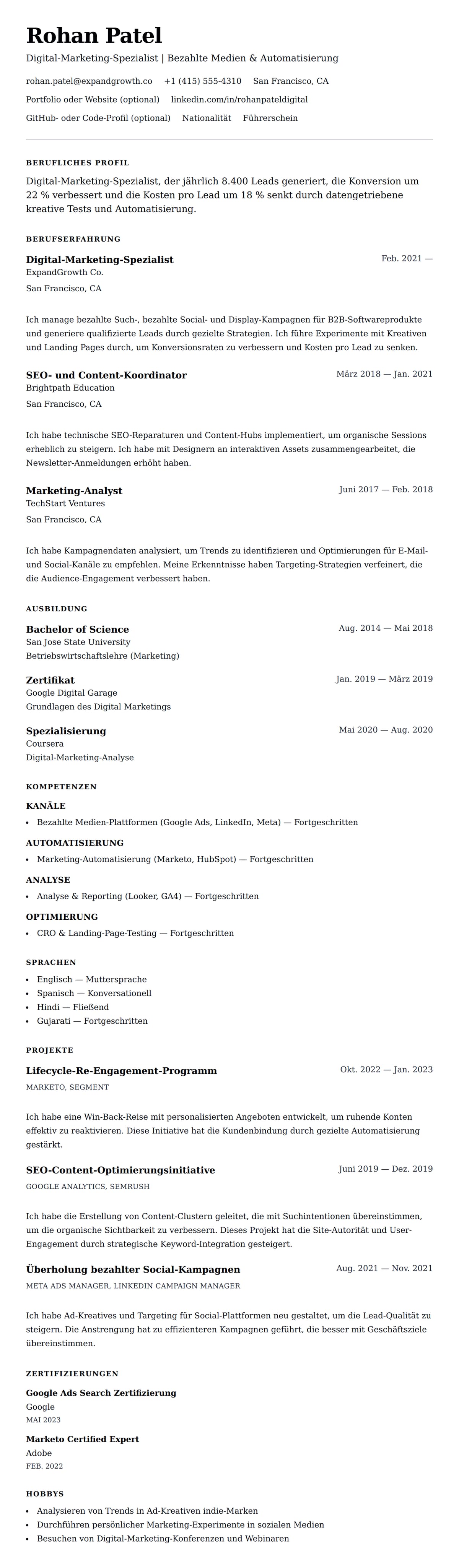 Lebenslaufvorschau für Lebenslaufbeispiel für Digital-Marketing-Spezialist