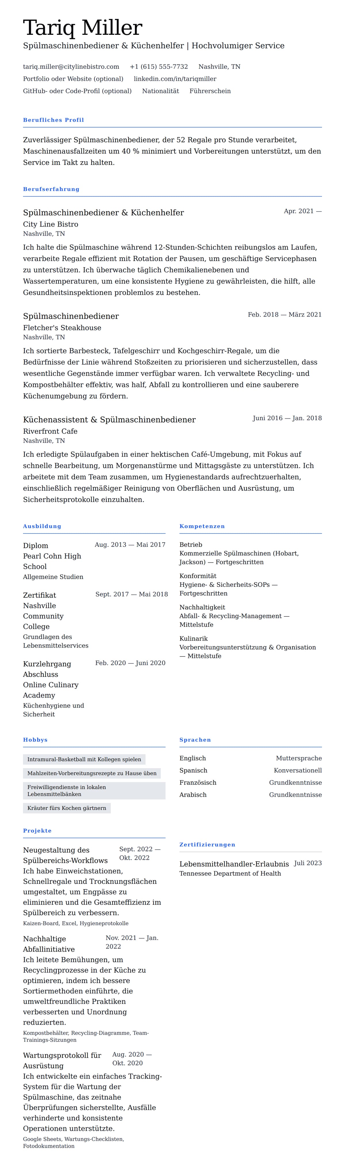 Lebenslaufvorschau für Spülmaschinenbediener Lebenslauf Beispiel