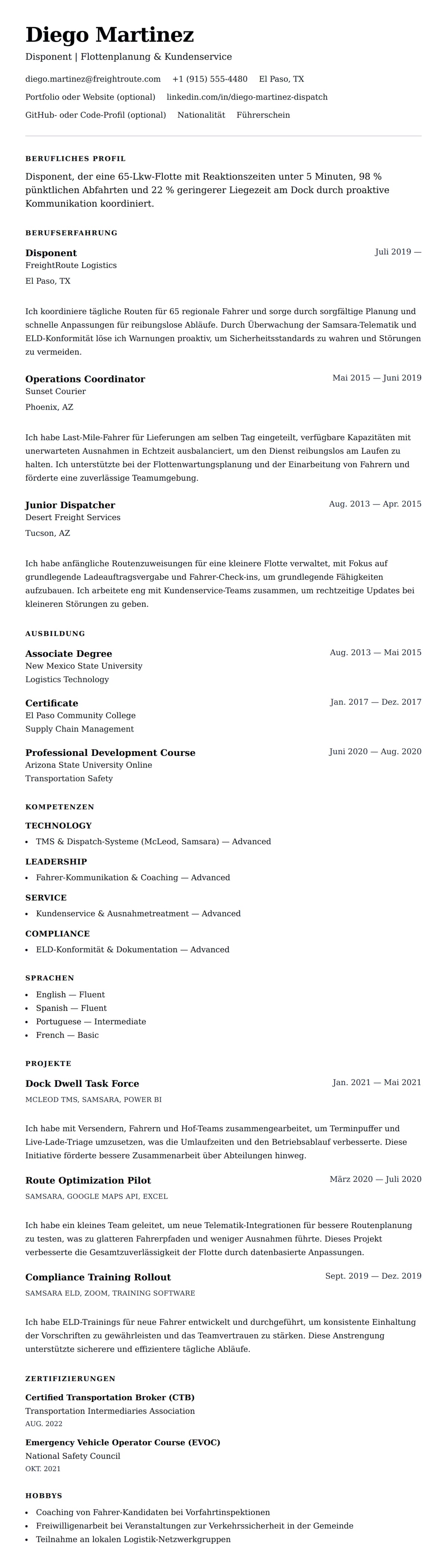 Lebenslaufvorschau für Disponenten-Lebenslauf-Beispiel