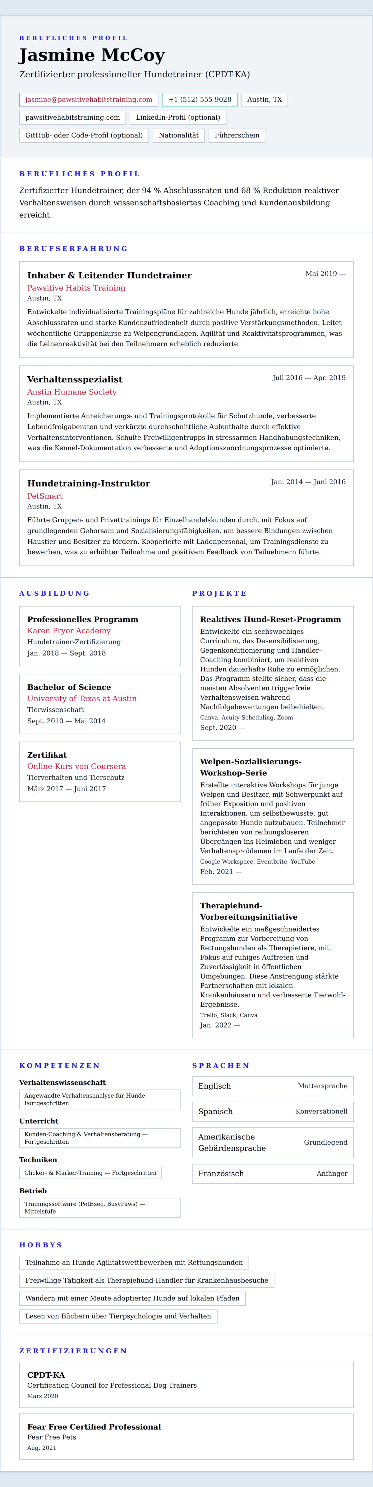 Lebenslaufvorschau für Hundetrainer-Lebenslauf-Beispiel