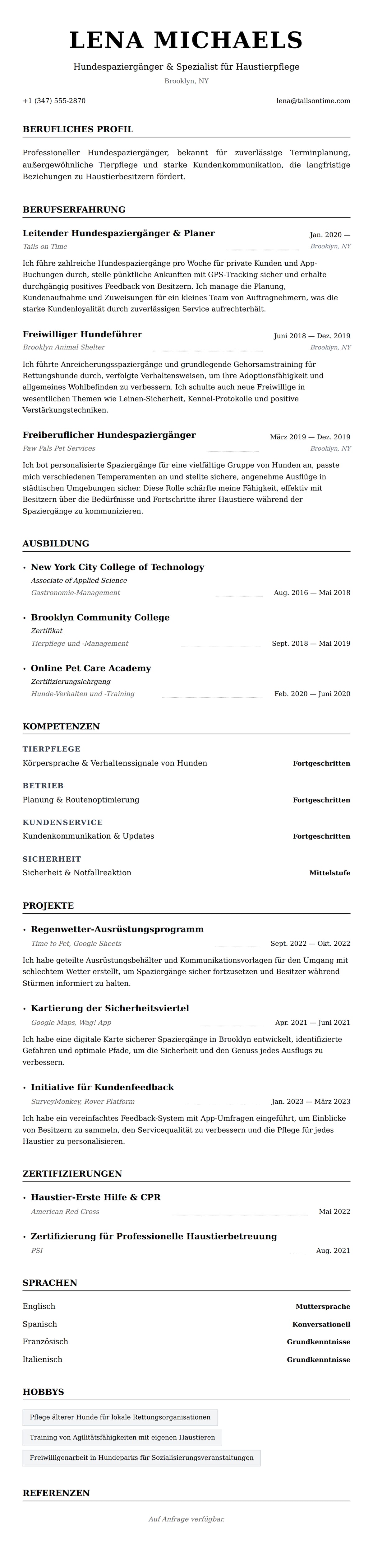 Lebenslaufvorschau für Beispiel-Lebenslauf für Hundespaziergänger