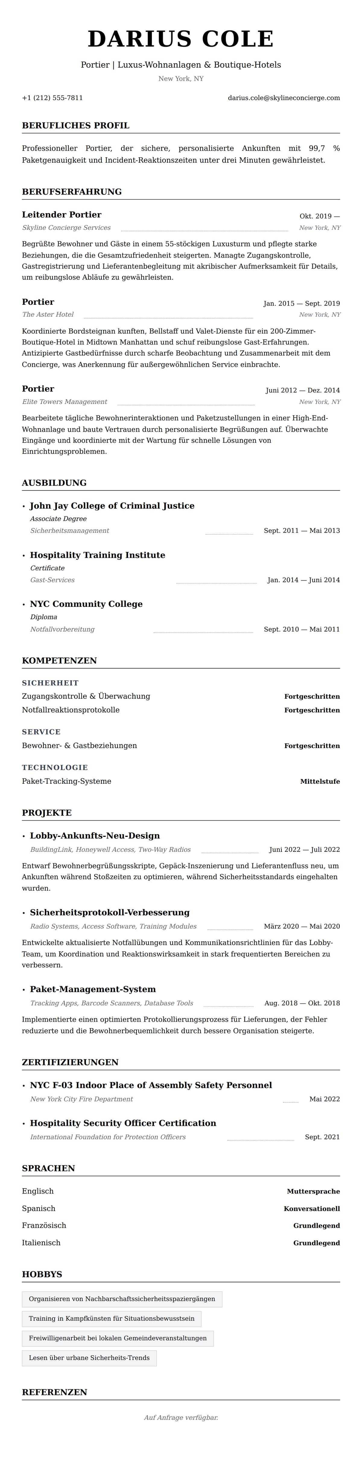 Lebenslaufvorschau für Portier-Lebenslauf-Beispiel