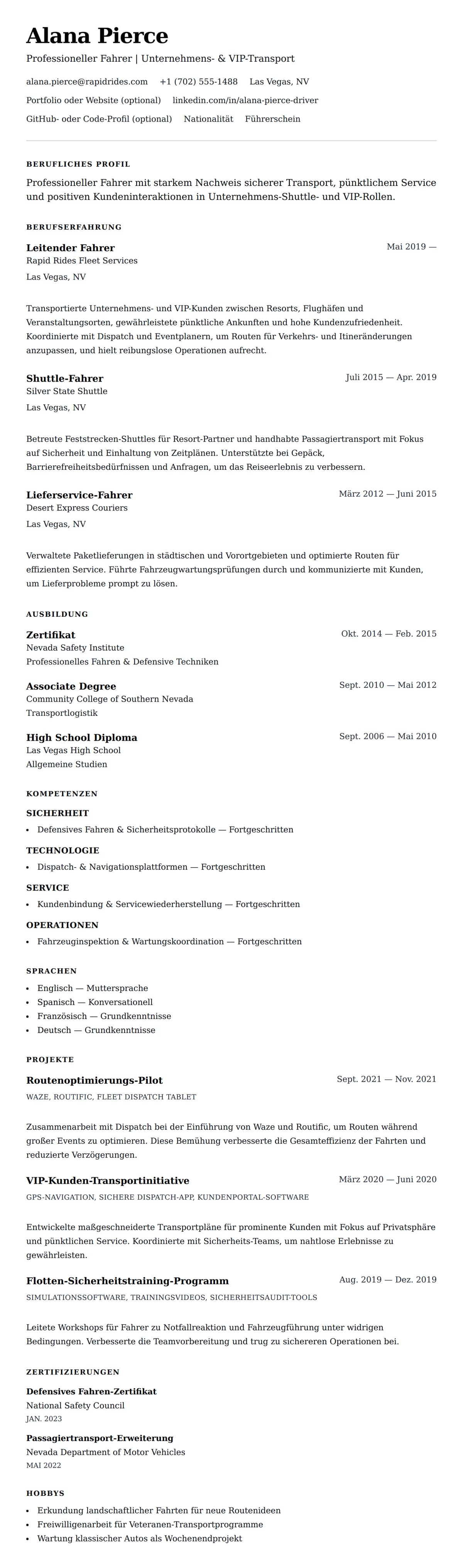 Lebenslaufvorschau für Fahrer-Lebenslauf-Beispiel