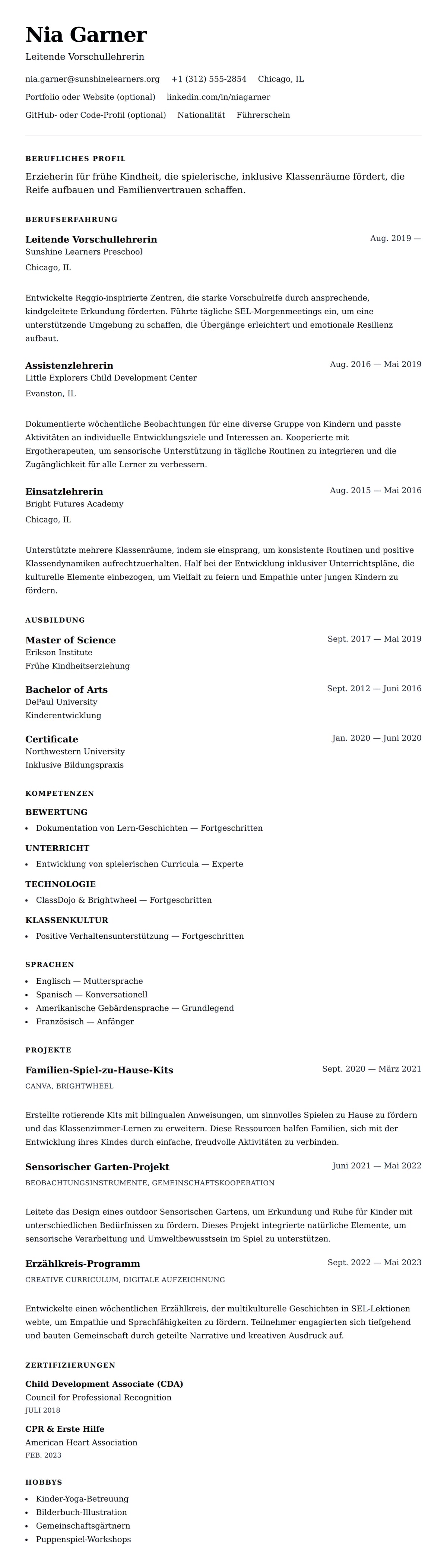 Lebenslaufvorschau für Lebenslauf-Beispiel für Erzieher für frühe Kindheit