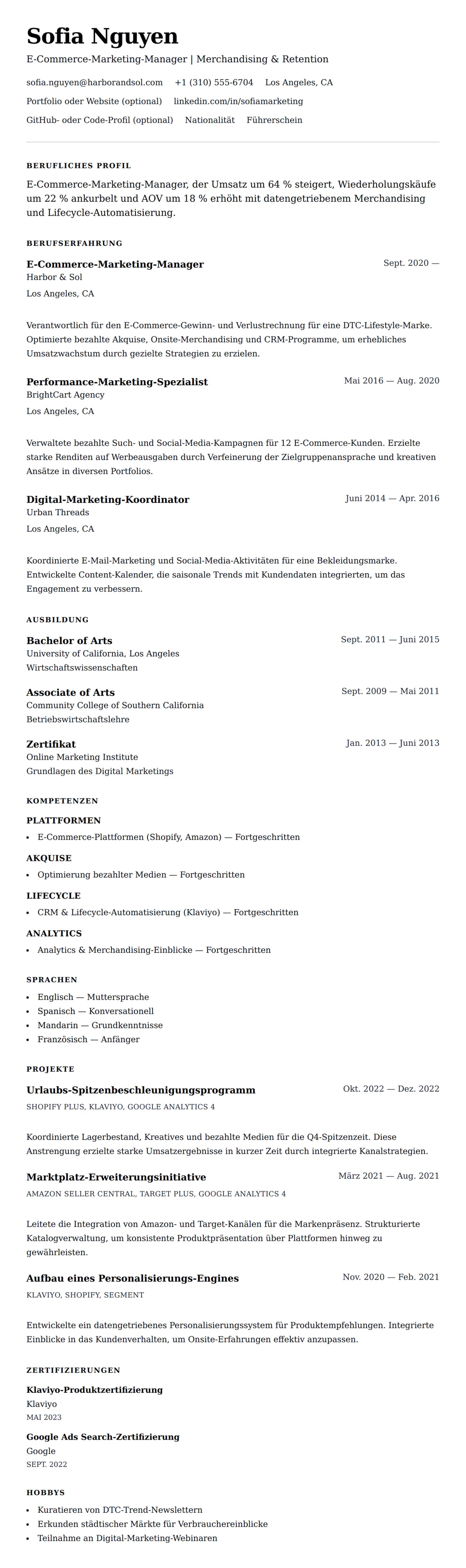 Lebenslaufvorschau für Lebenslaufbeispiel für E-Commerce-Marketing-Manager