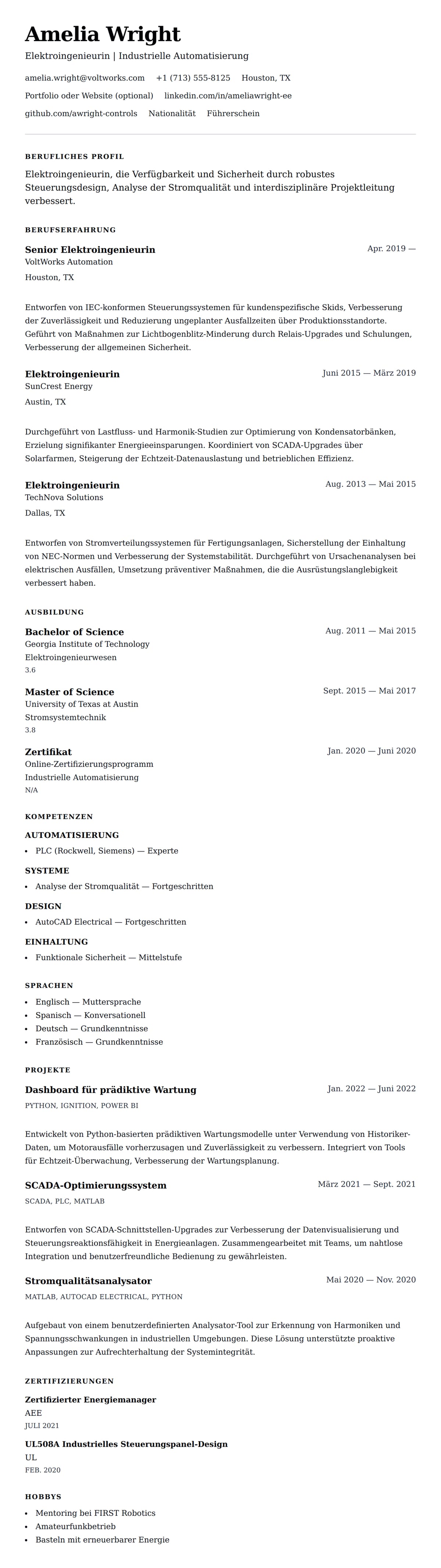 Beispiel-Lebenslauf für Elektroingenieur