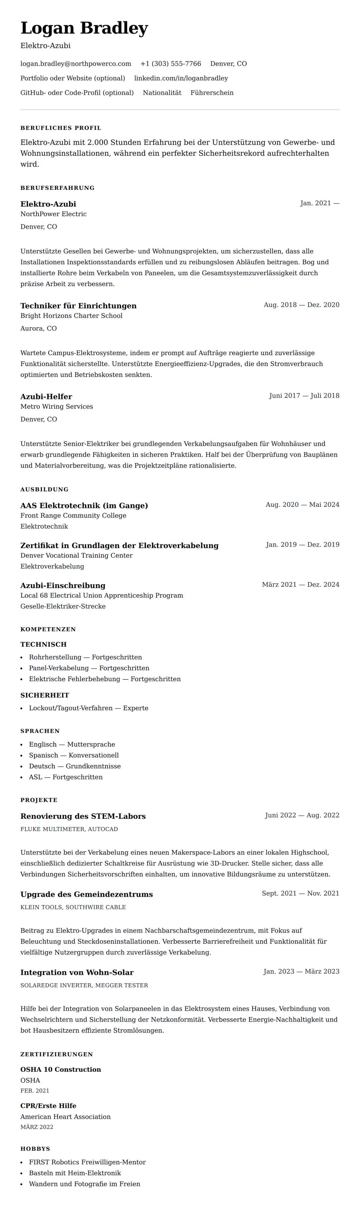 Lebenslaufvorschau für Elektriker-Azubi Lebenslauf-Beispiel