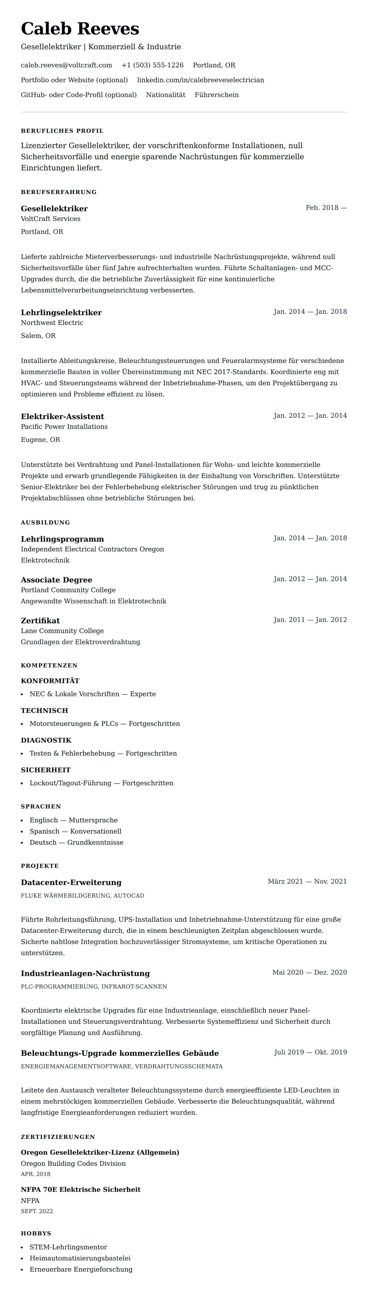 Lebenslaufvorschau für Elektriker-Lebenslauf-Beispiel
