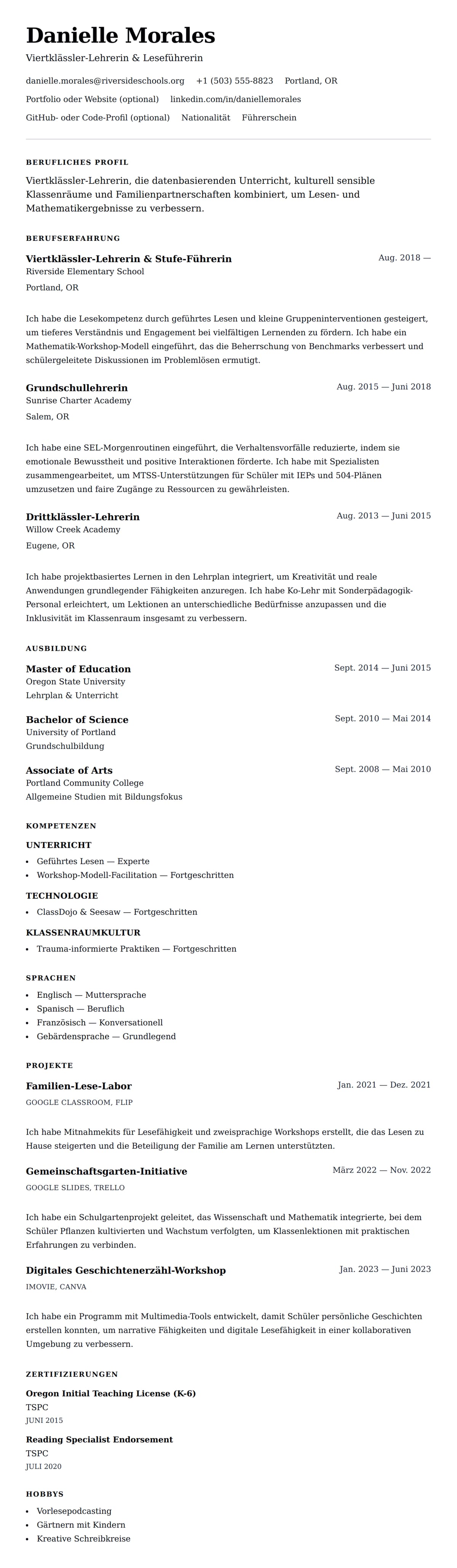 Lebenslaufvorschau für Grundschullehrer-Lebenslauf-Beispiel