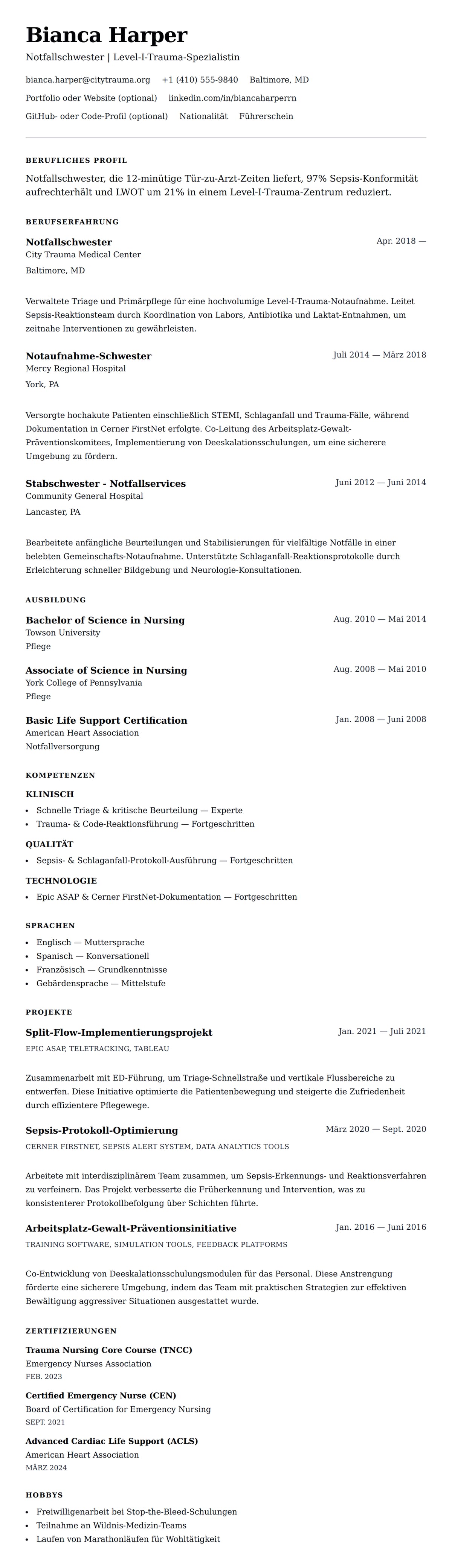 Lebenslaufvorschau für Notfallschwester (ER) Lebenslaufbeispiel