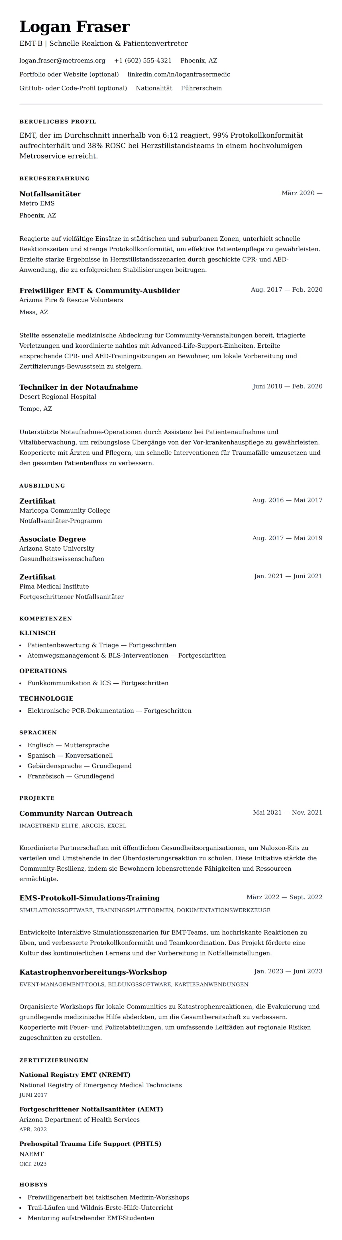 Lebenslaufvorschau für Lebenslaufbeispiel für Notfallsanitäter (EMT)