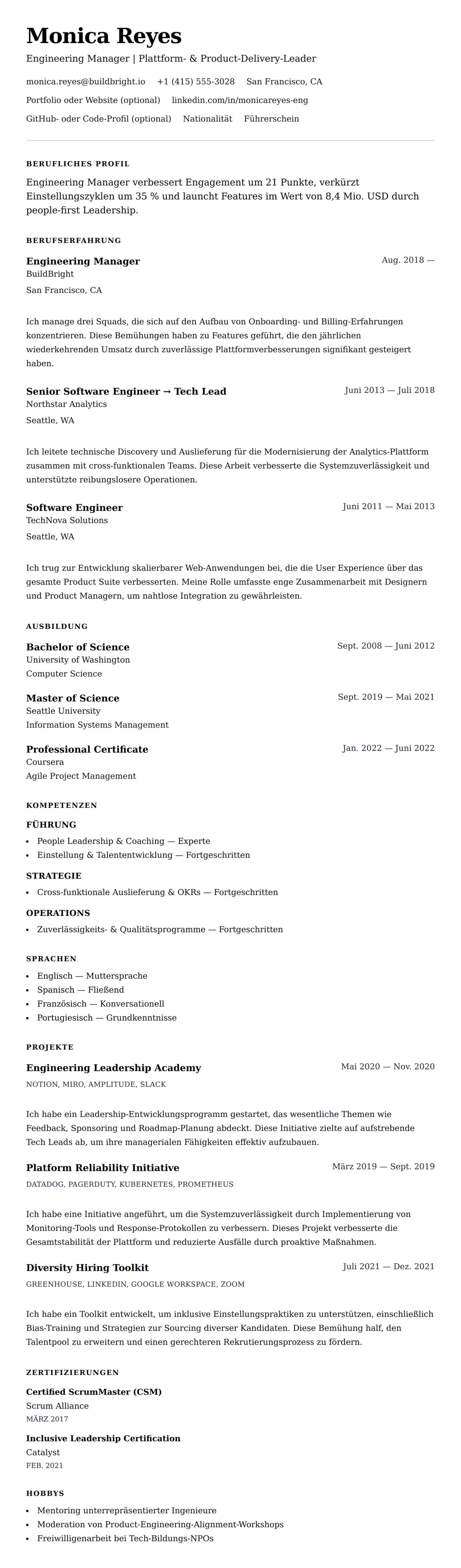 Lebenslaufvorschau für Engineering Manager Lebenslauf-Beispiel