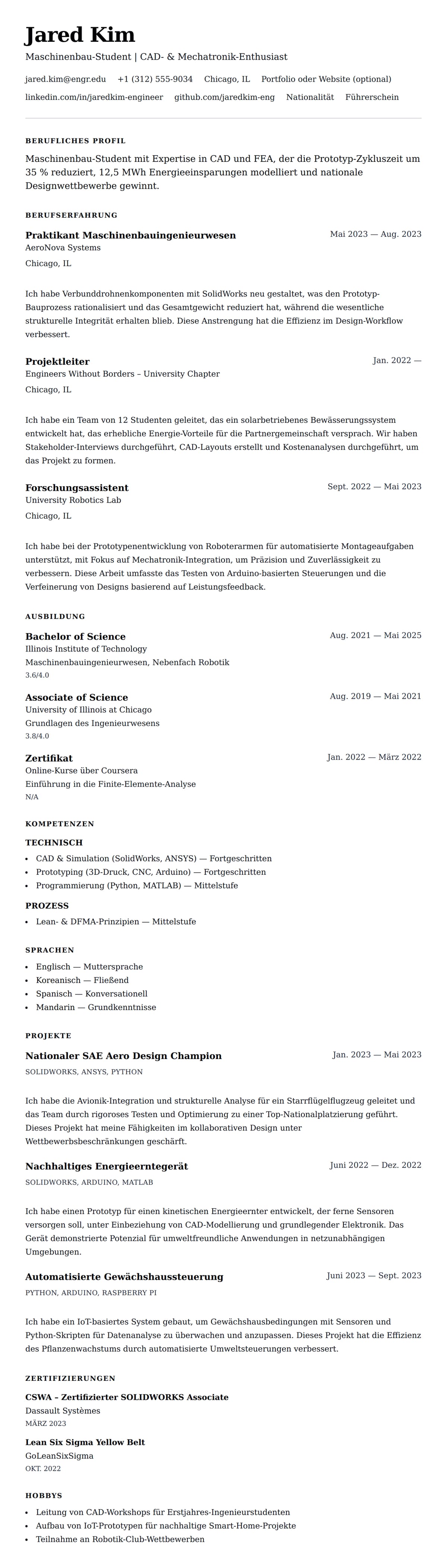 Lebenslaufvorschau für Lebenslaufbeispiel für Ingenieurstudenten