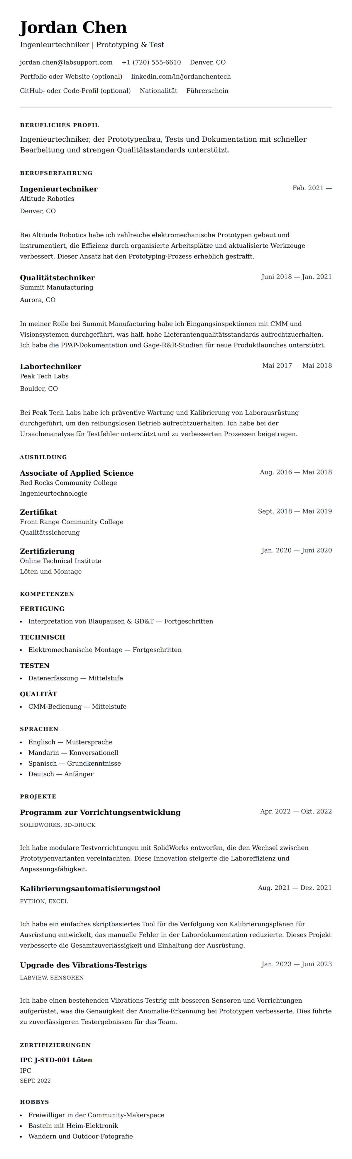 Lebenslaufvorschau für Techniker-Lebenslauf-Beispiel