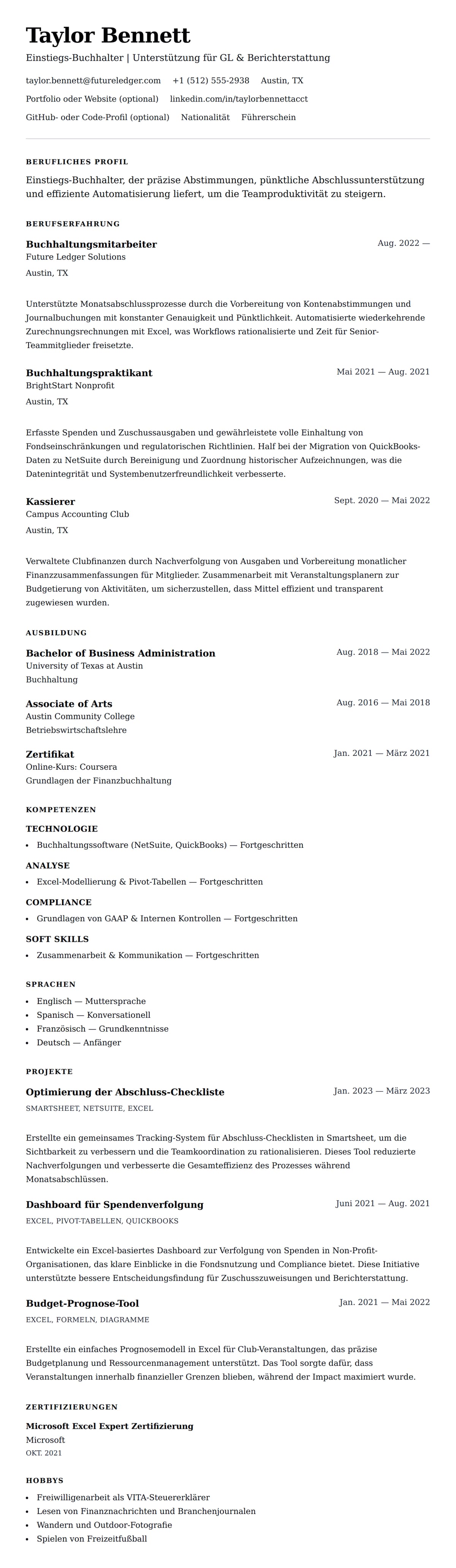 Lebenslaufvorschau für Beispiel-Lebenslauf für Einstiegs-Buchhalter