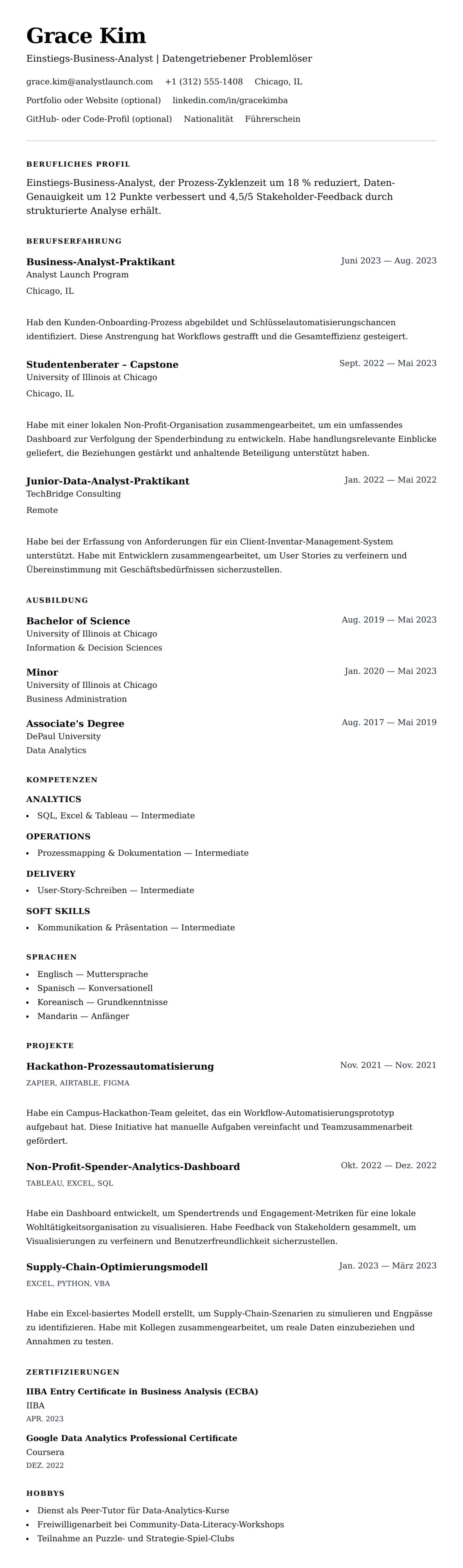 Lebenslaufvorschau für Lebenslaufbeispiel für Einstiegs-Business-Analyst