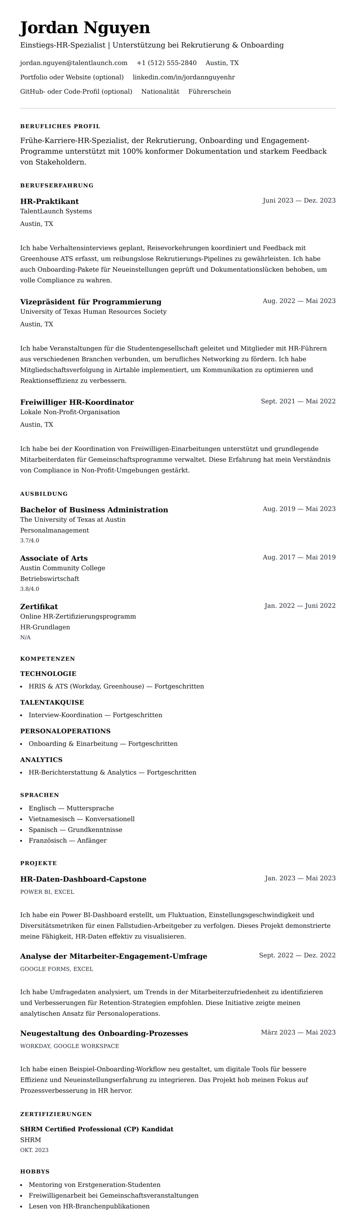 Lebenslaufvorschau für Lebenslaufbeispiel für Einstiegs-HR-Spezialist