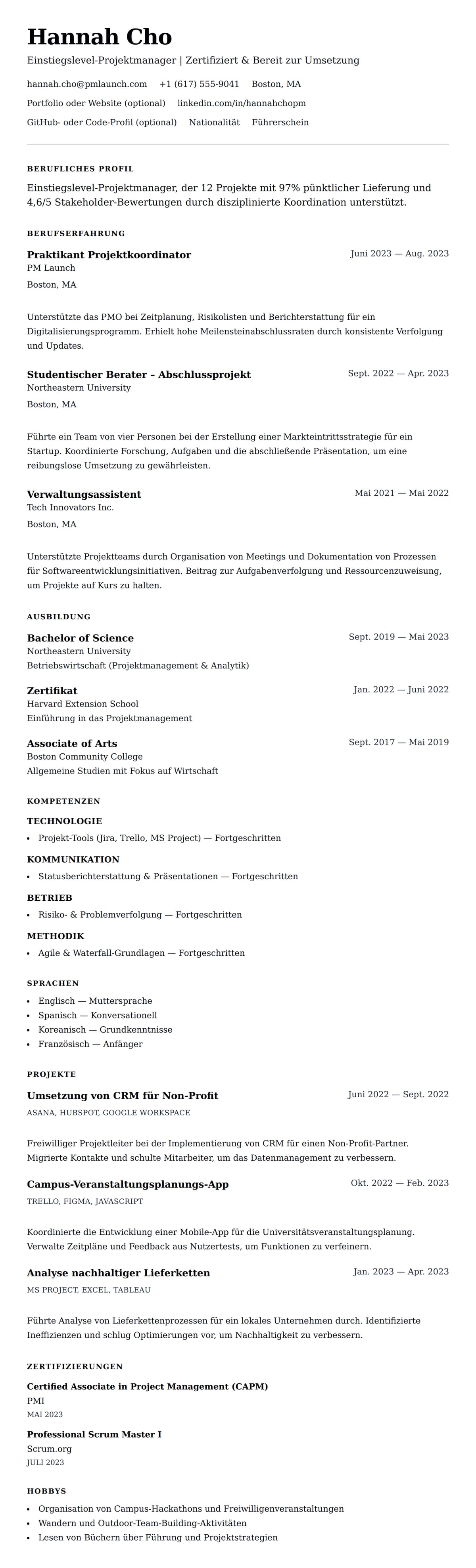 Lebenslaufvorschau für Einstiegslevel-Projektmanager-Lebenslaufbeispiel