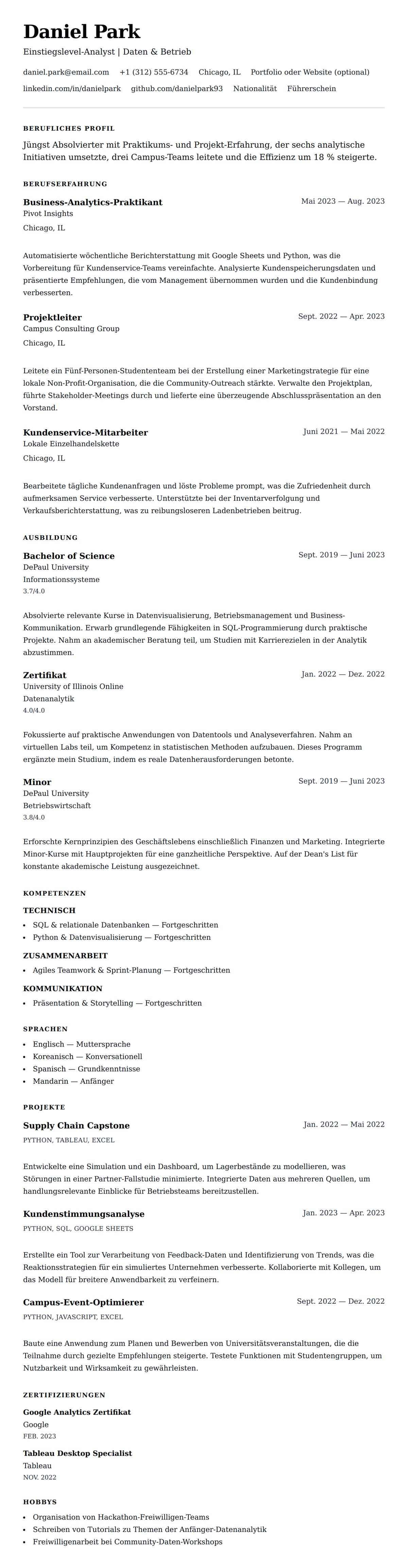 Lebenslaufvorschau für Einstiegslevel-Lebenslauf-Beispiel