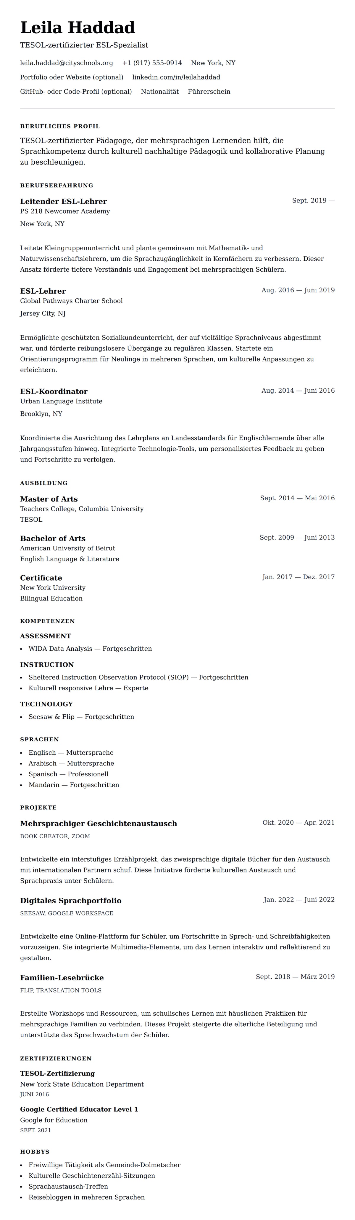 Lebenslaufvorschau für ESL-Lehrer Lebenslauf-Beispiel