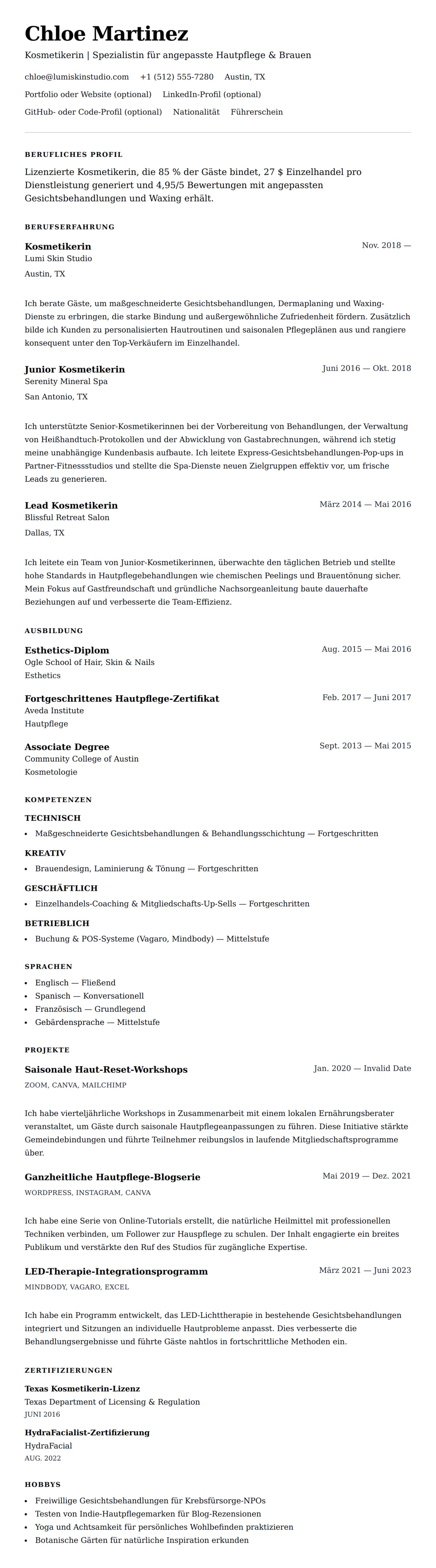 Lebenslaufvorschau für Kosmetikerin Lebenslaufbeispiel