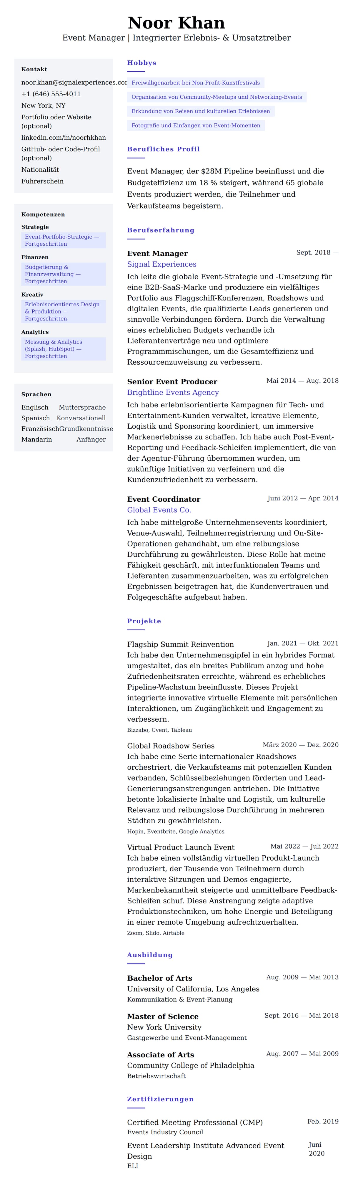 Lebenslaufvorschau für Event Manager Lebenslauf-Beispiel