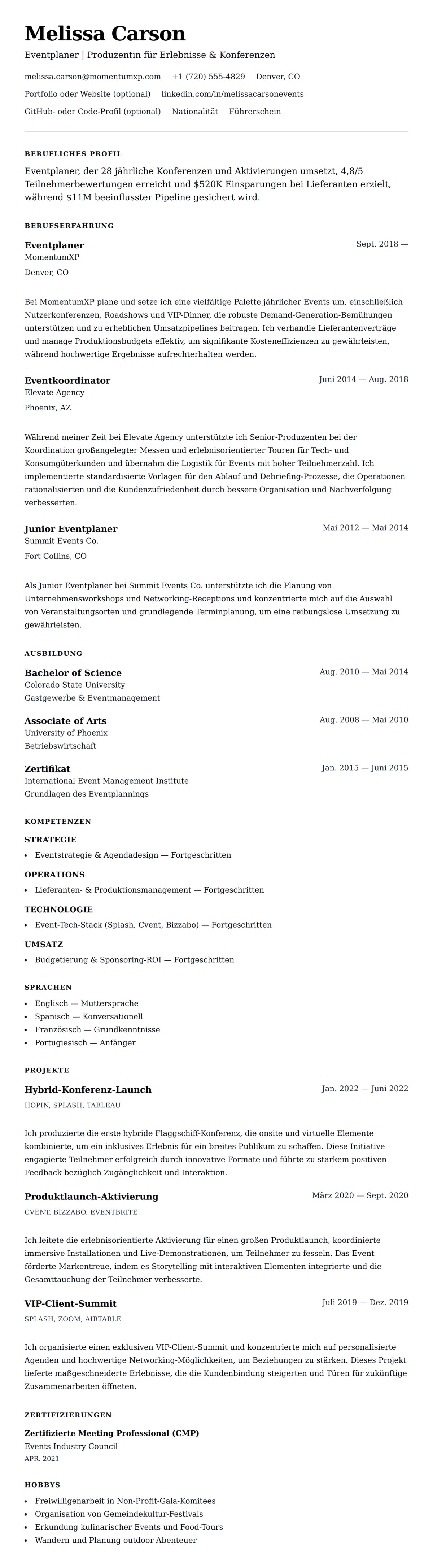 Lebenslaufvorschau für Eventplaner-Lebenslaufbeispiel