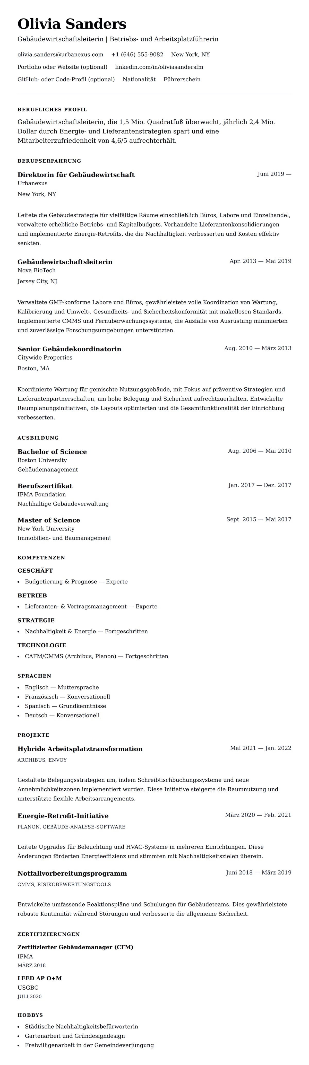 Lebenslaufvorschau für Lebenslaufbeispiel für Gebäudewirtschaftsleiter