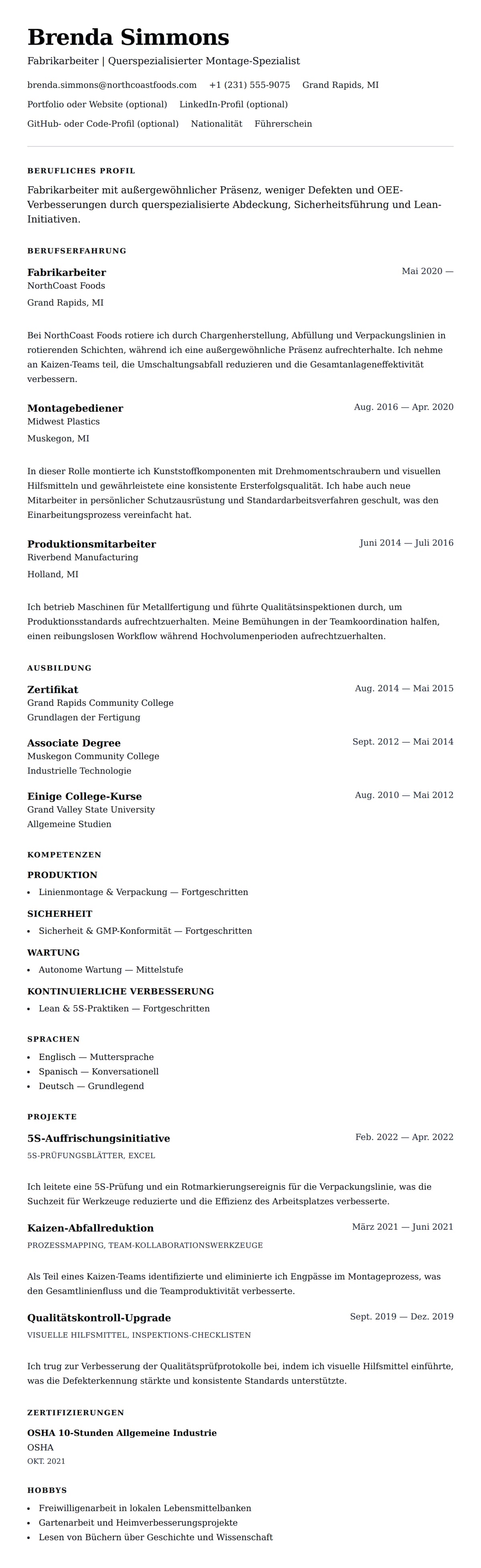 Lebenslaufvorschau für Fabrikarbeiter Lebenslauf Beispiel