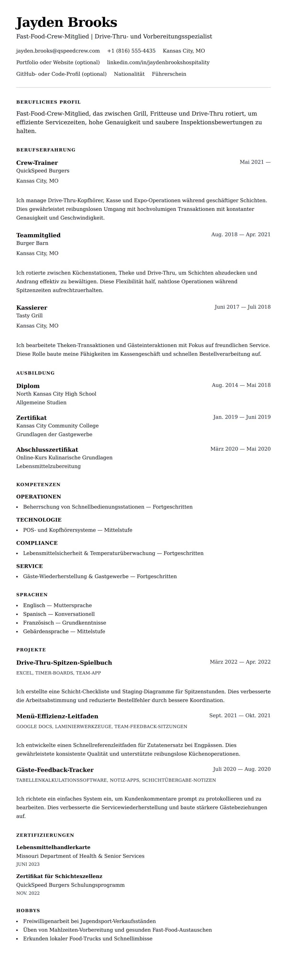 Lebenslaufvorschau für Lebenslaufbeispiel für Fast-Food-Mitarbeiter