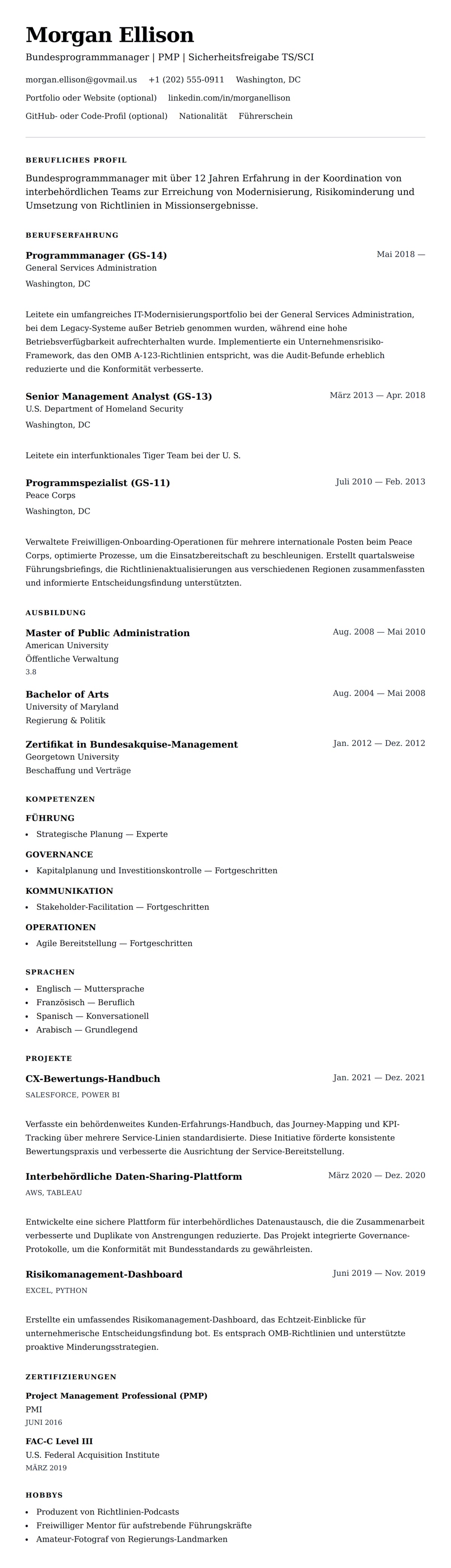 Lebenslaufvorschau für Beispiel für einen Lebenslauf eines Bundesbediensteten