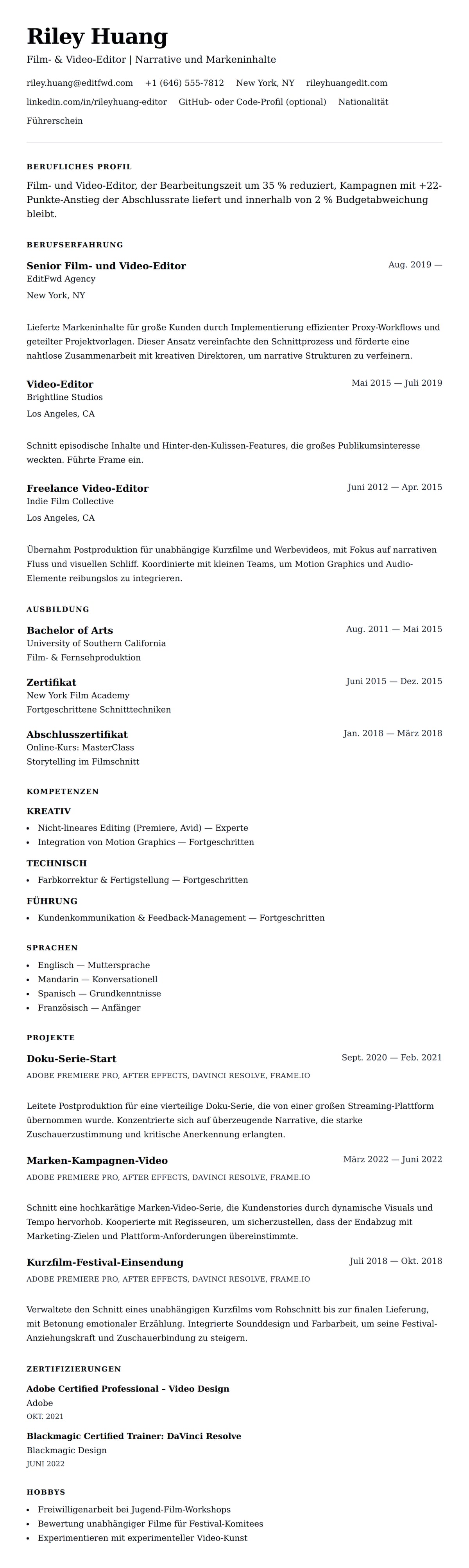 Lebenslaufvorschau für Film- und Video-Editor Lebenslauf-Beispiel