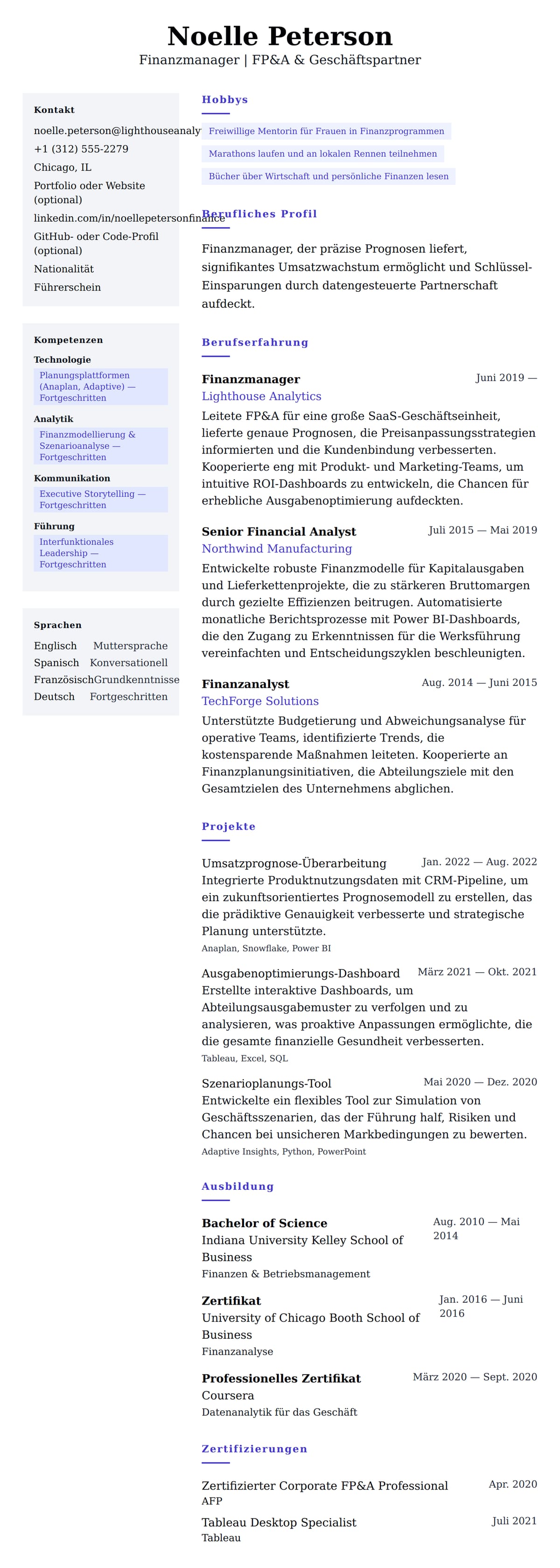 Lebenslaufvorschau für Finanzmanager Lebenslauf-Beispiel