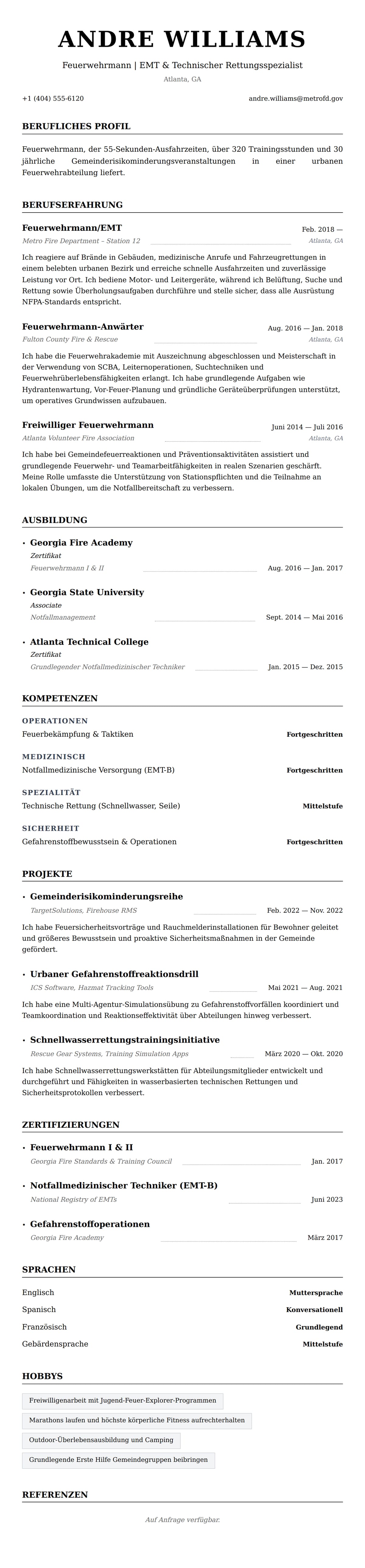 Lebenslaufvorschau für Feuerwehrmann-Lebenslauf-Beispiel